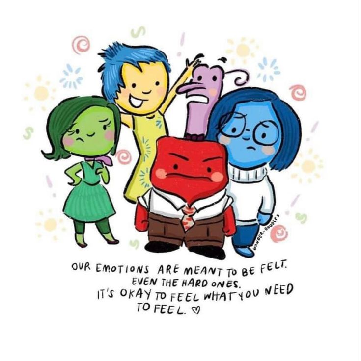 An inside out inspired poster we hung in our living room. It shows the 5 main characters of Inside out with text below it. The text reads: Our emotions are meant to be felt. Even the hard ones. It's okay to feel what you need to feel.